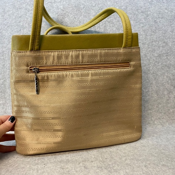 Rochas Paris Two Handle Purse Fabric & Leather 10" Tan / Green Phone Pouch - Picture 8 of 14